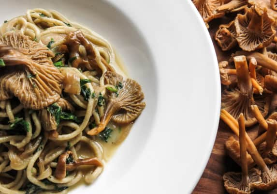 Wild rice spaghetti with yellowfoot chanterelle mushrooms