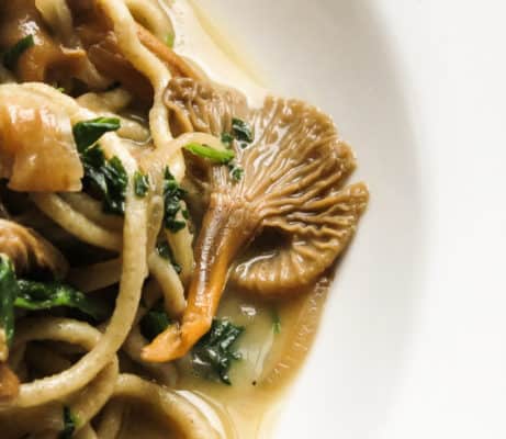 Wild rice spaghetti with yellowfoot chanterelle mushrooms