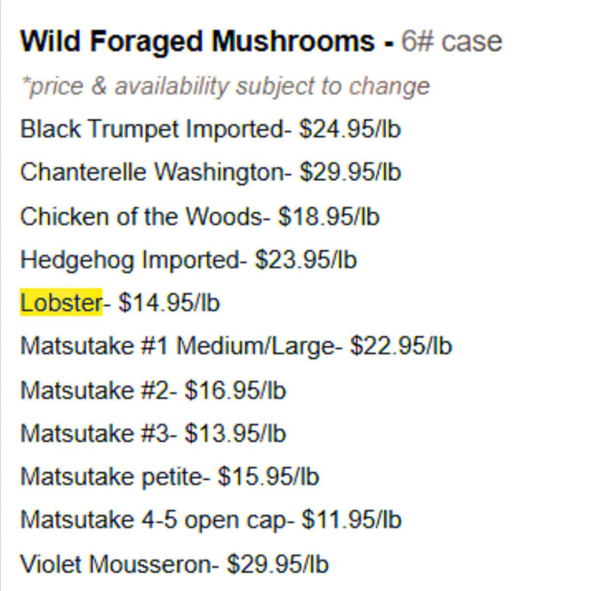 a list of wild mushroom prices 