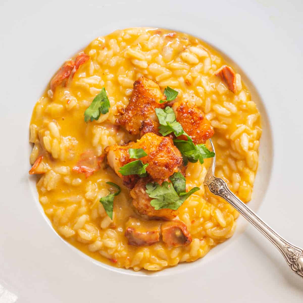 yellow lobster mushroom risotto in a bowl with a spoon topped with shrimp. 