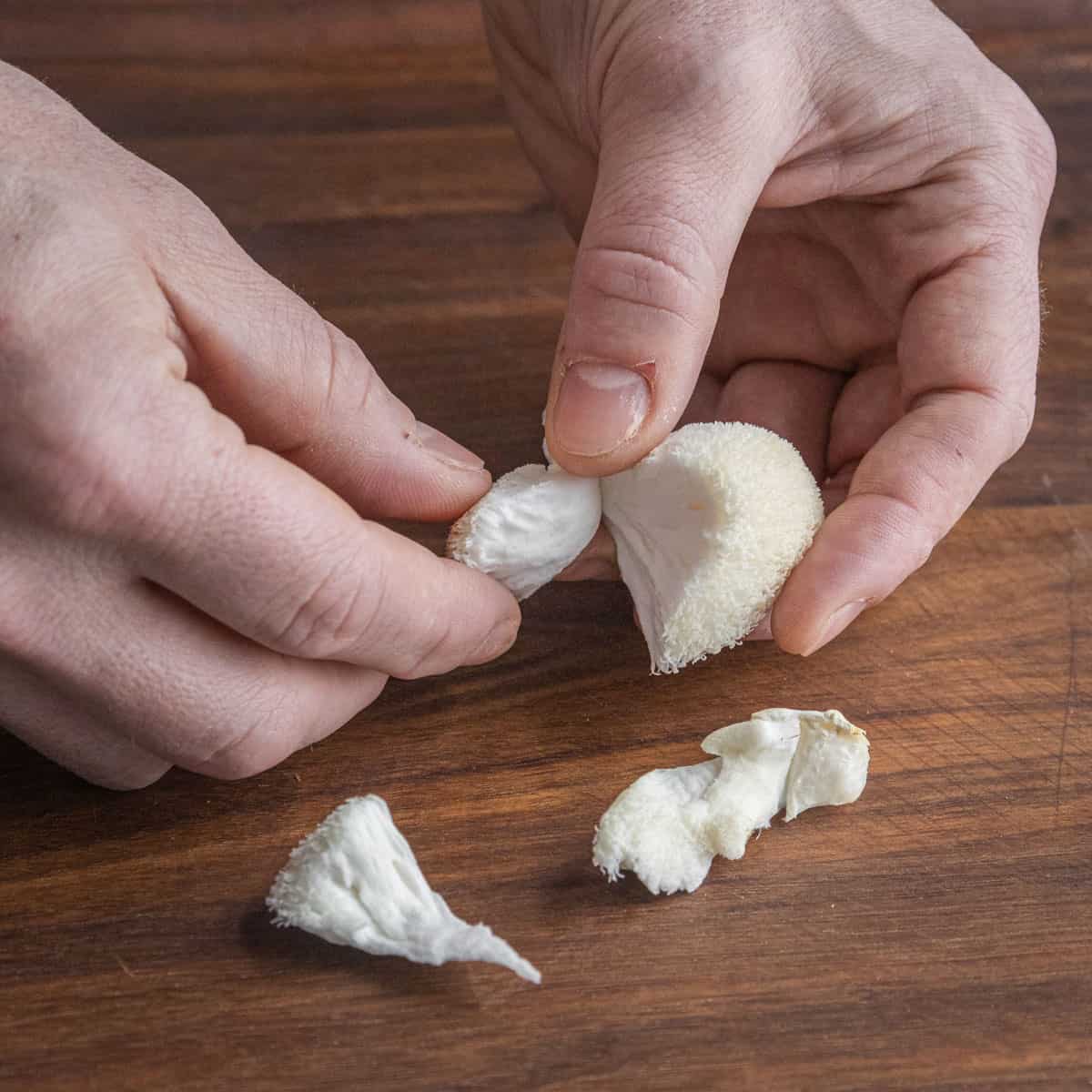 Pulling apart a white mushroom into bite sized pieces be hand on a cutting board.