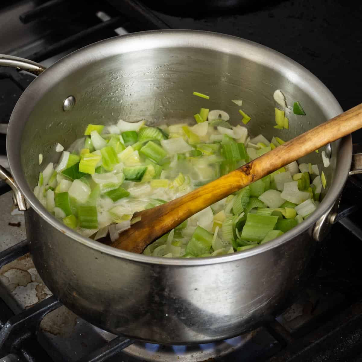 sweating onion, celery and leek in oil 