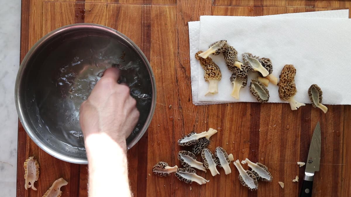 Cleaning morel mushrooms with water 