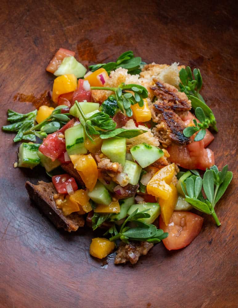 Purslane panzanella salad recipe