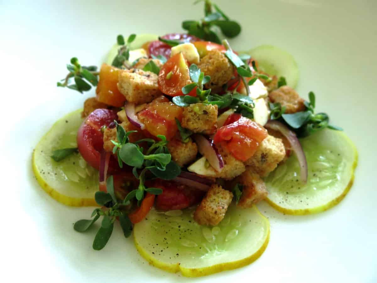 purslane panzanella with golden cucumbers and heirloom tomatoes recipe