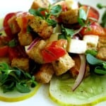 recipe for purslane panzanella with golden cucumbers and heirloom tomatoes