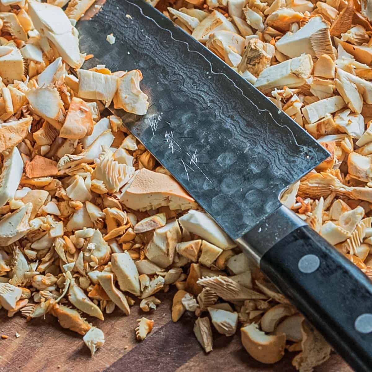 Hand chopping chanterelle mushrooms for duxelles