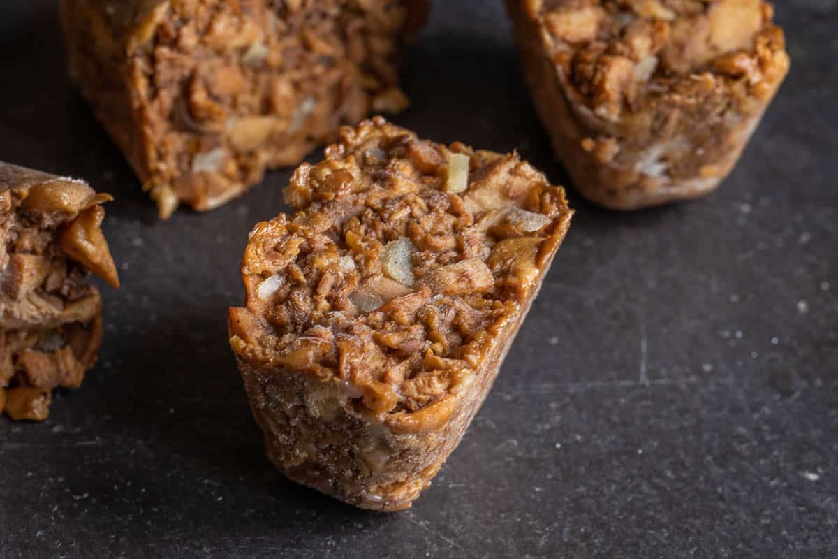 Frozen chanterelle mushroom duxelles in an ice cube tray