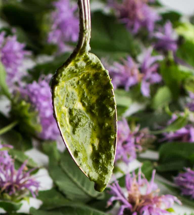 green herb sauce on a spoon. 