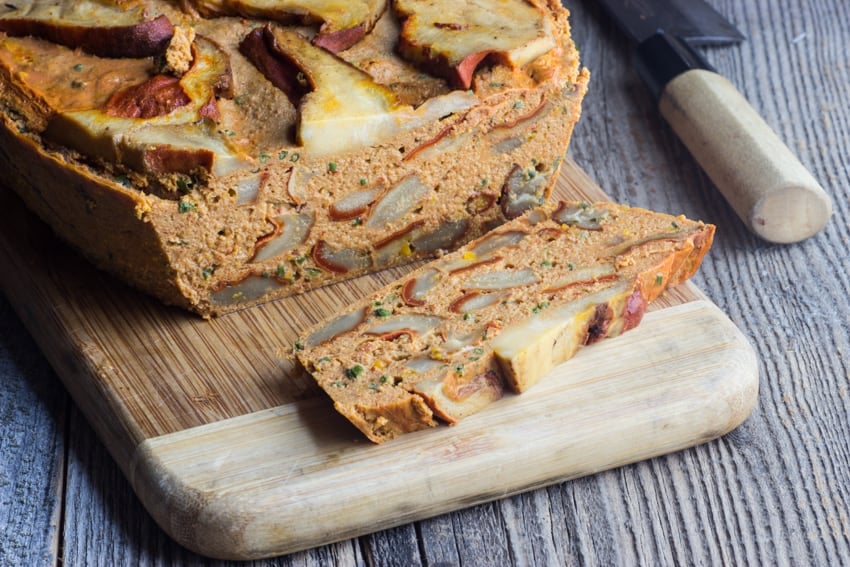 Mushroom terrine sliced on a board 