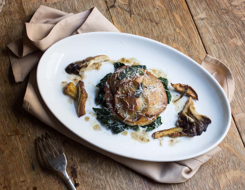 puffball mushroom ravioli with maitake, hygrophorus russula, and hedgehog mushrooms 