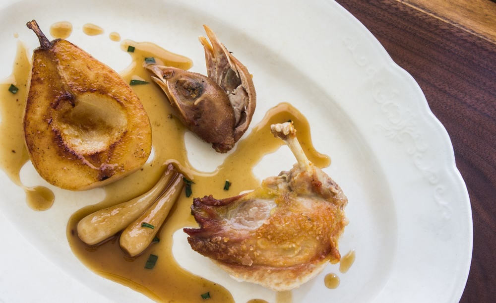 partridge with pears and pickled ramps recipe
