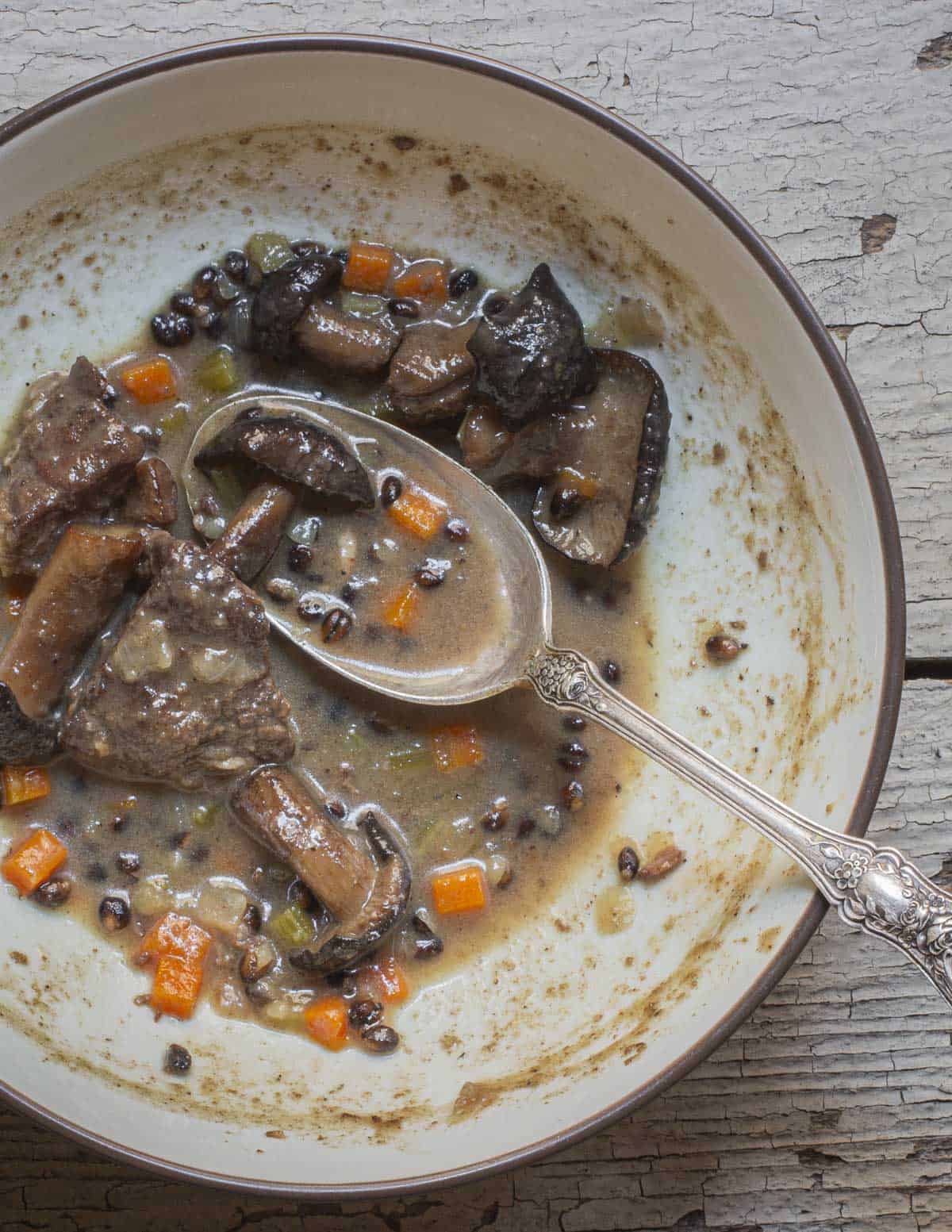 Bison stew with fried chicken mushrooms. 