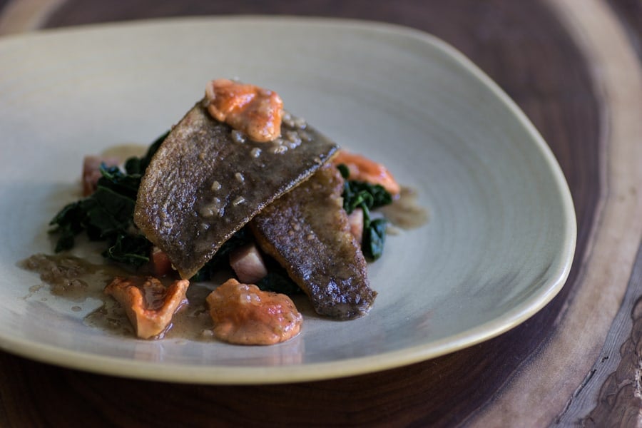 rainbow trout with chicken of the woods mushrooms