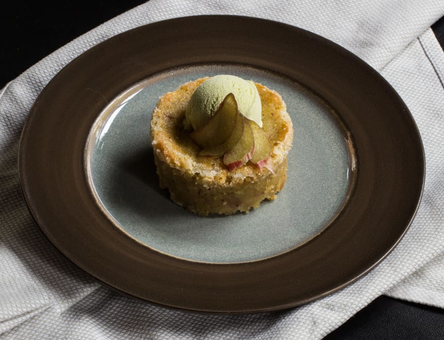 Rhubarb-hazelnut cake with spruce tip ice cream