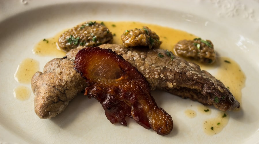shad roe, pickled morels, bacon
