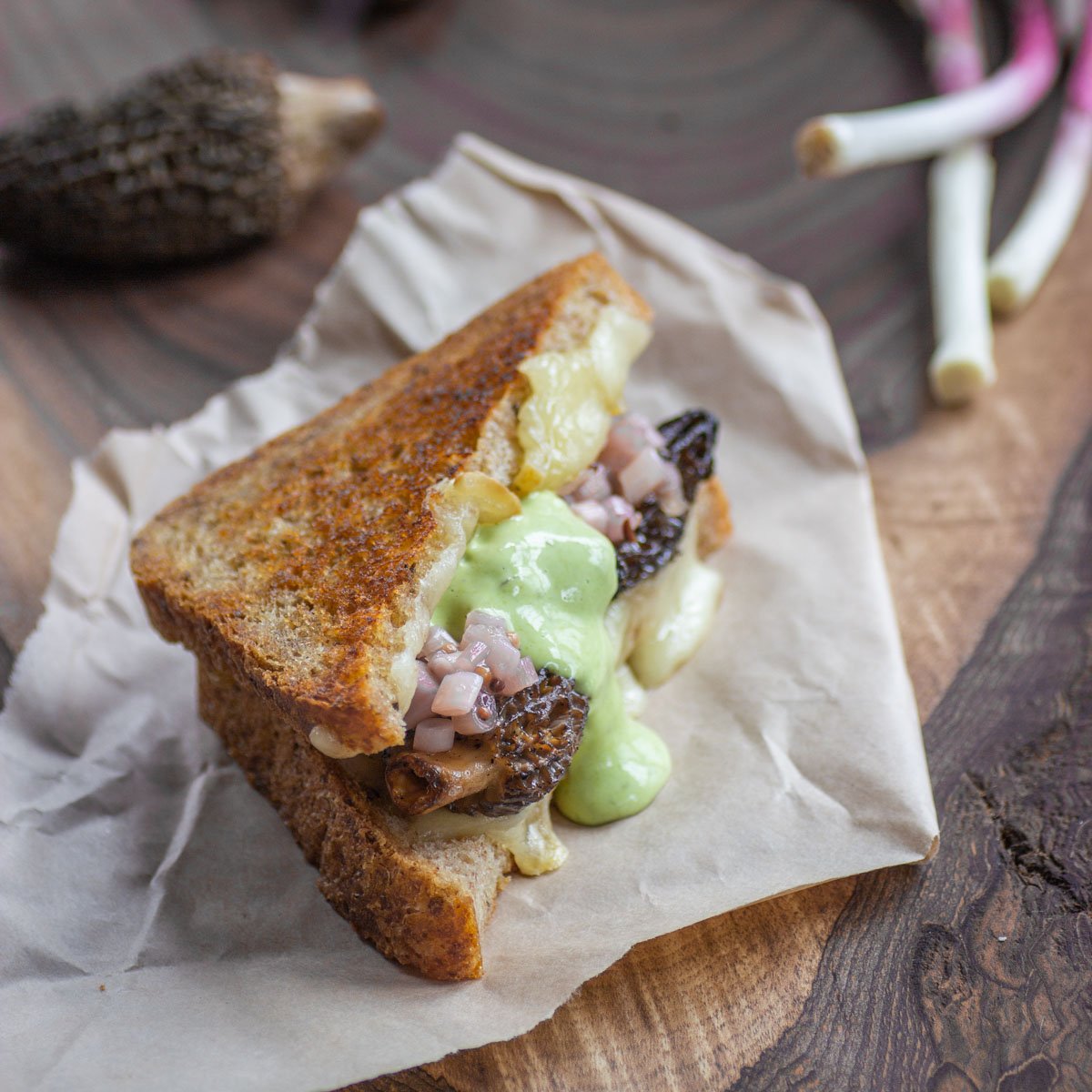morel grilled cheese with ramp leaf aioli