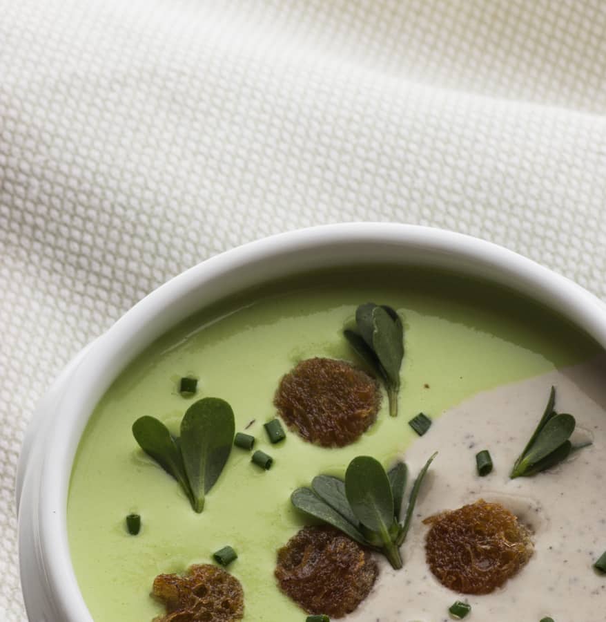 English Pea and Black Trumpet Cream Soup With Purslane