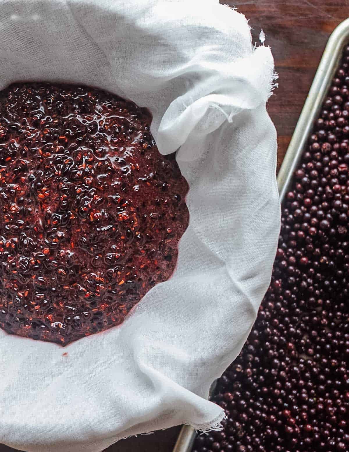 Crushed elderberries in cheesecloth draining to extract the juice.