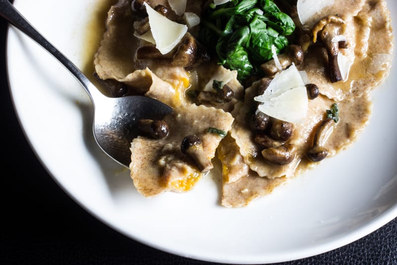 Honey mushrooms with squash ravioli, brown butter, spinach