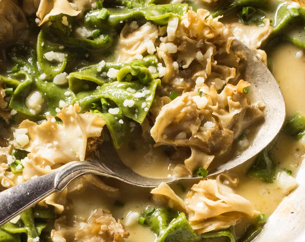 Cauliflower mushrooms with dandelion farfalle