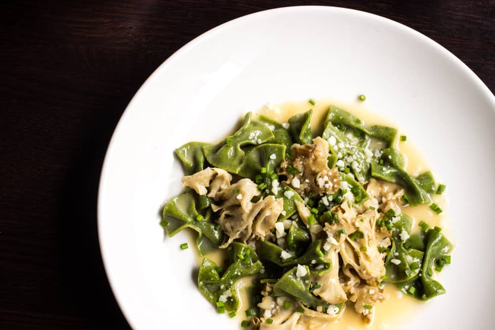 Cauliflower mushrooms with dandelion farfalle