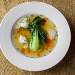 Bok choi in Lactarius mushroom broth with quail eggs.