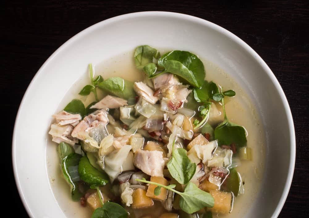 Chicken stew with watercress and root vegetables