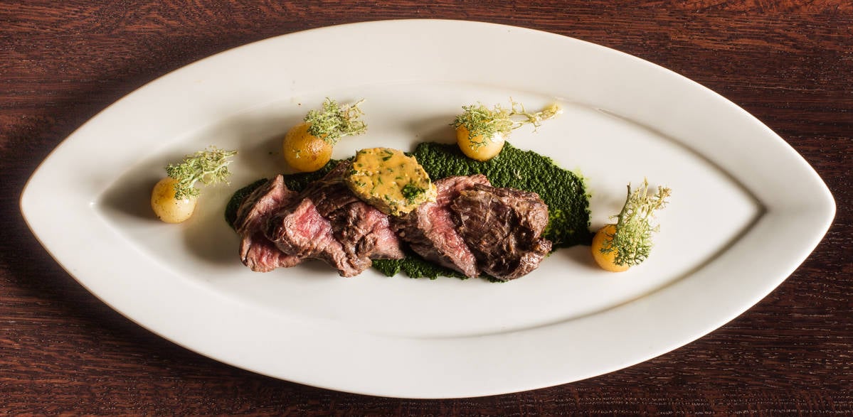 Smoked Hanger Steak with Dandelion Puree and Puffball Butter