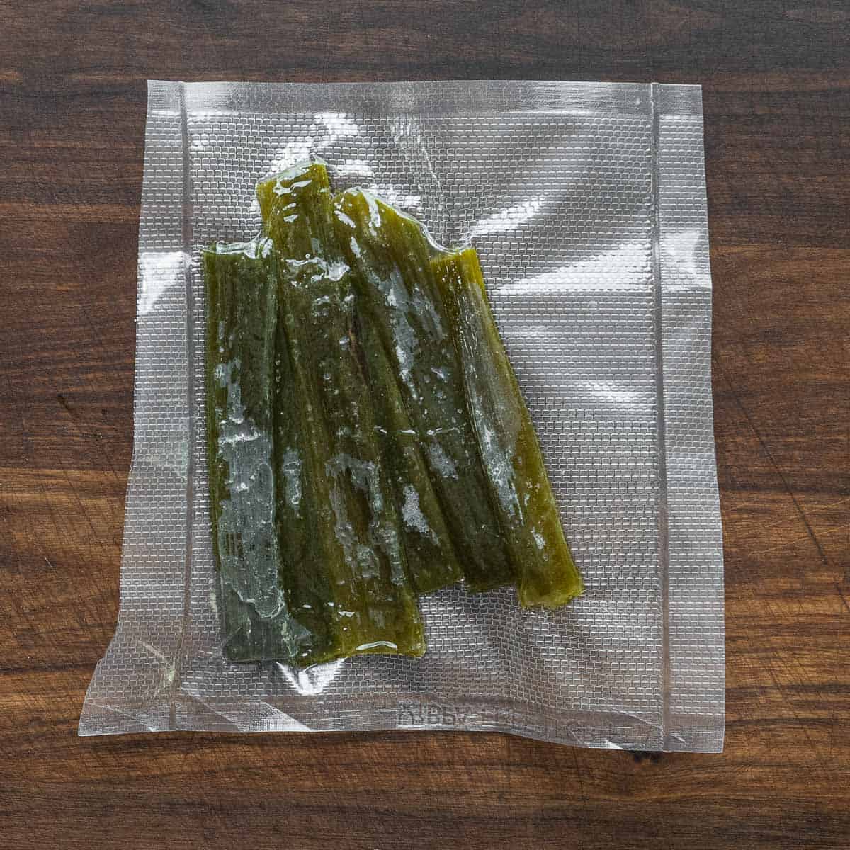 Candied angelica stems in a vacuum sealed bag. 