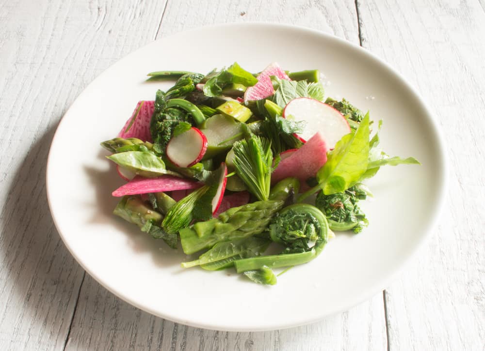 Spring Vegetables With Lemon Oil, Spruce tips and Mint_