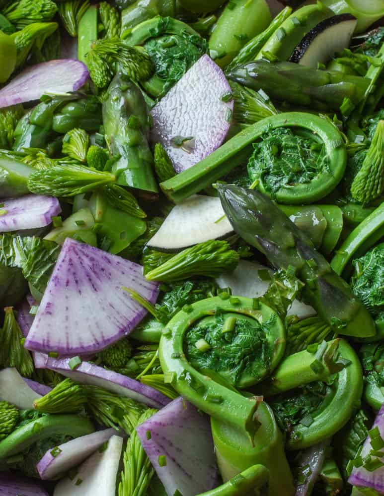 Fiddlehead, Asparagus Salad with Spruce Tips, Lavender Radish and Fresh Herbs