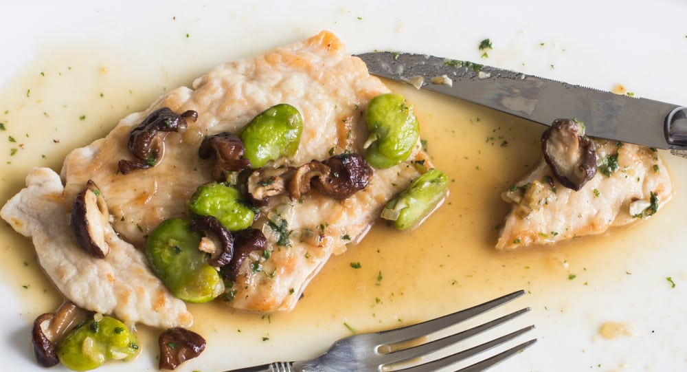 Turkey Scallopine With Favas and Mousseron Mushrooms