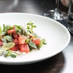 Watermelon Salad With Purslane, Goat Cheese, Jalapeno, and Anise Hyssop