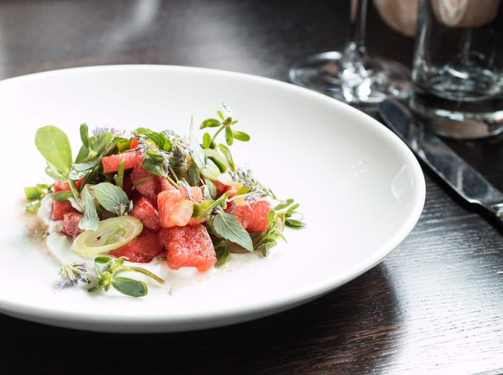 Watermelon Salad With Purslane, Goat Cheese, Jalapeno, and Anise Hyssop-2