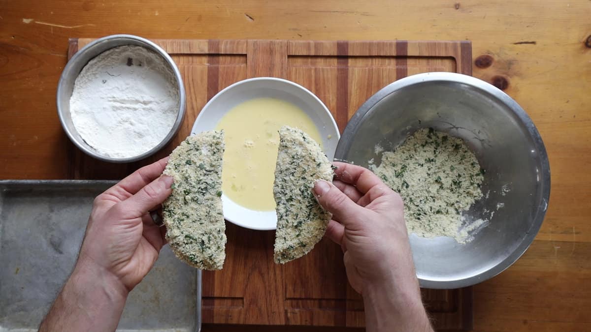 Breading a puffball mushroom 