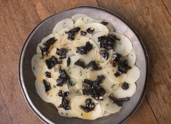 Black trumpet mushroom-potato gratin