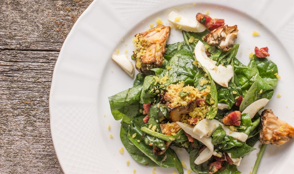 Hen of the woods mushroom and spinach salad with bacon vinaigrette