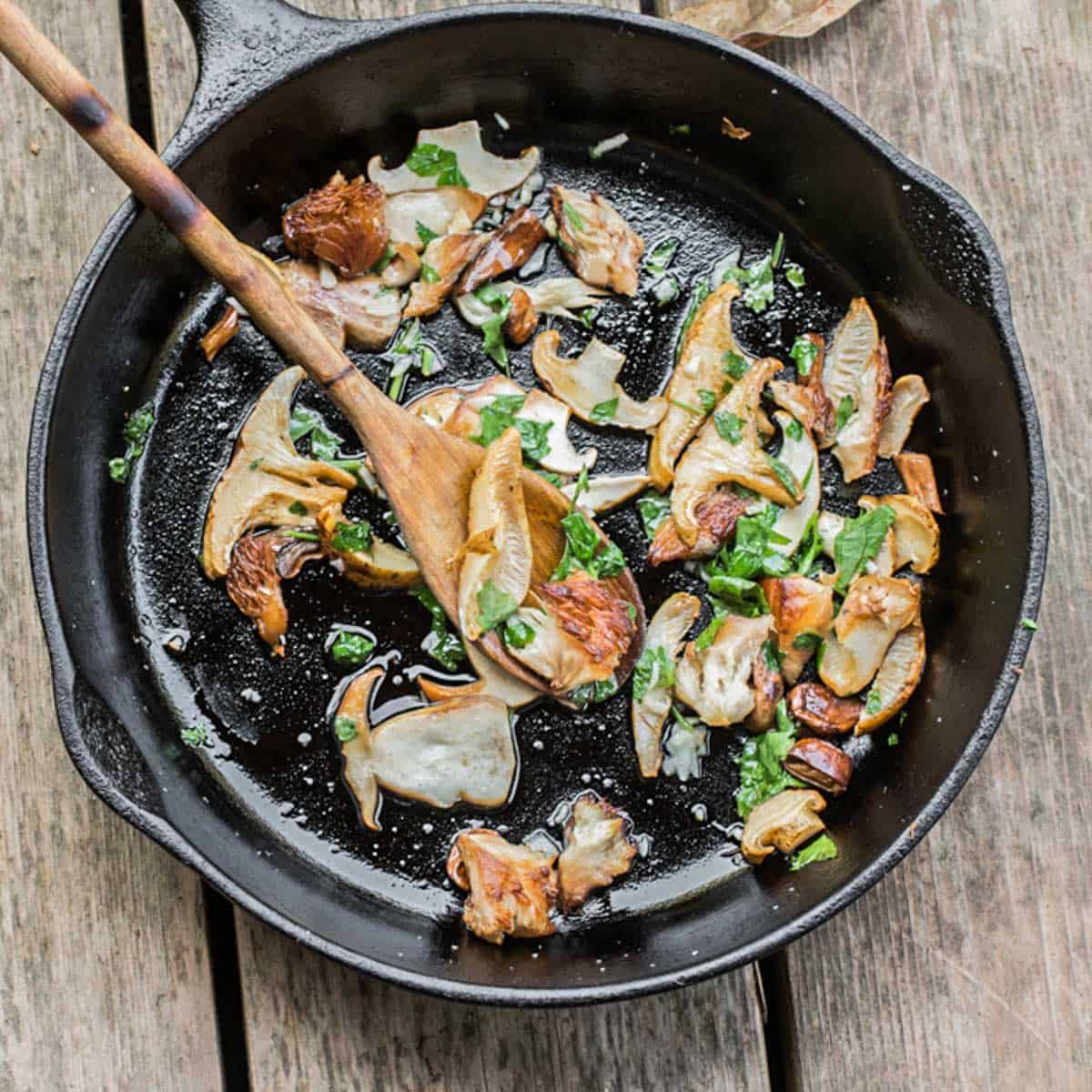 a mix of mushrooms in a pan
