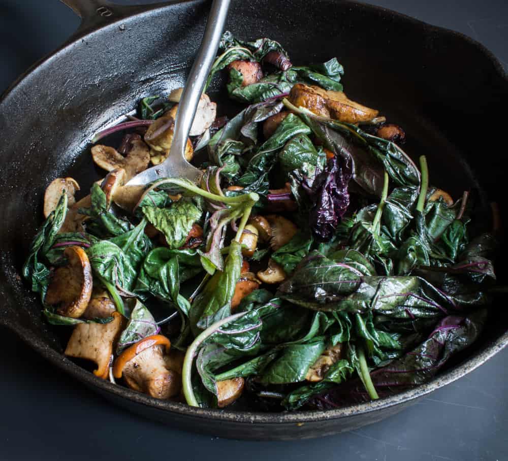 Wilted Amaranth With Summer Wild Mushrooms and Chesnok Garlic