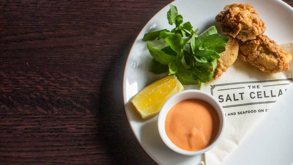 Fried Oysters with Ramp Sriracha (