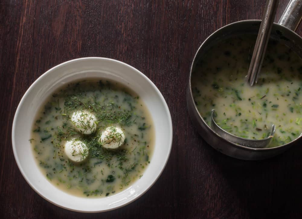 Spring stinging nettle soup with quail eggs