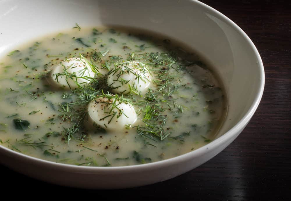 stinging nettles soup with quail eggs 