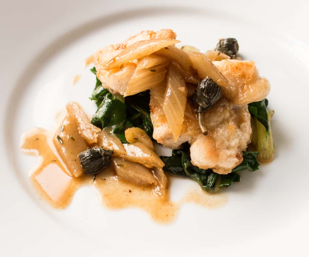 Monkfish with chard, cardoons and dandelion capers