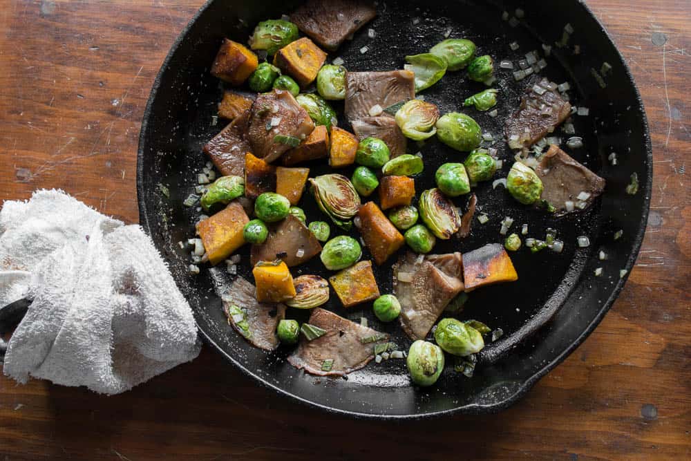 Pan roasted blewits with brussesls sprouts, squash and sage