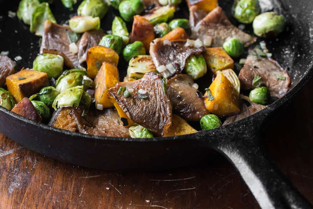 Pan roasted blewits with brussesls sprouts, squash and sage