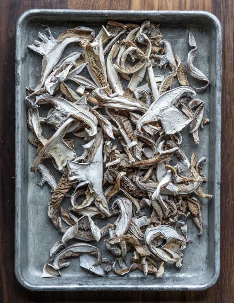 Dried Blewit Mushrooms on a tray 