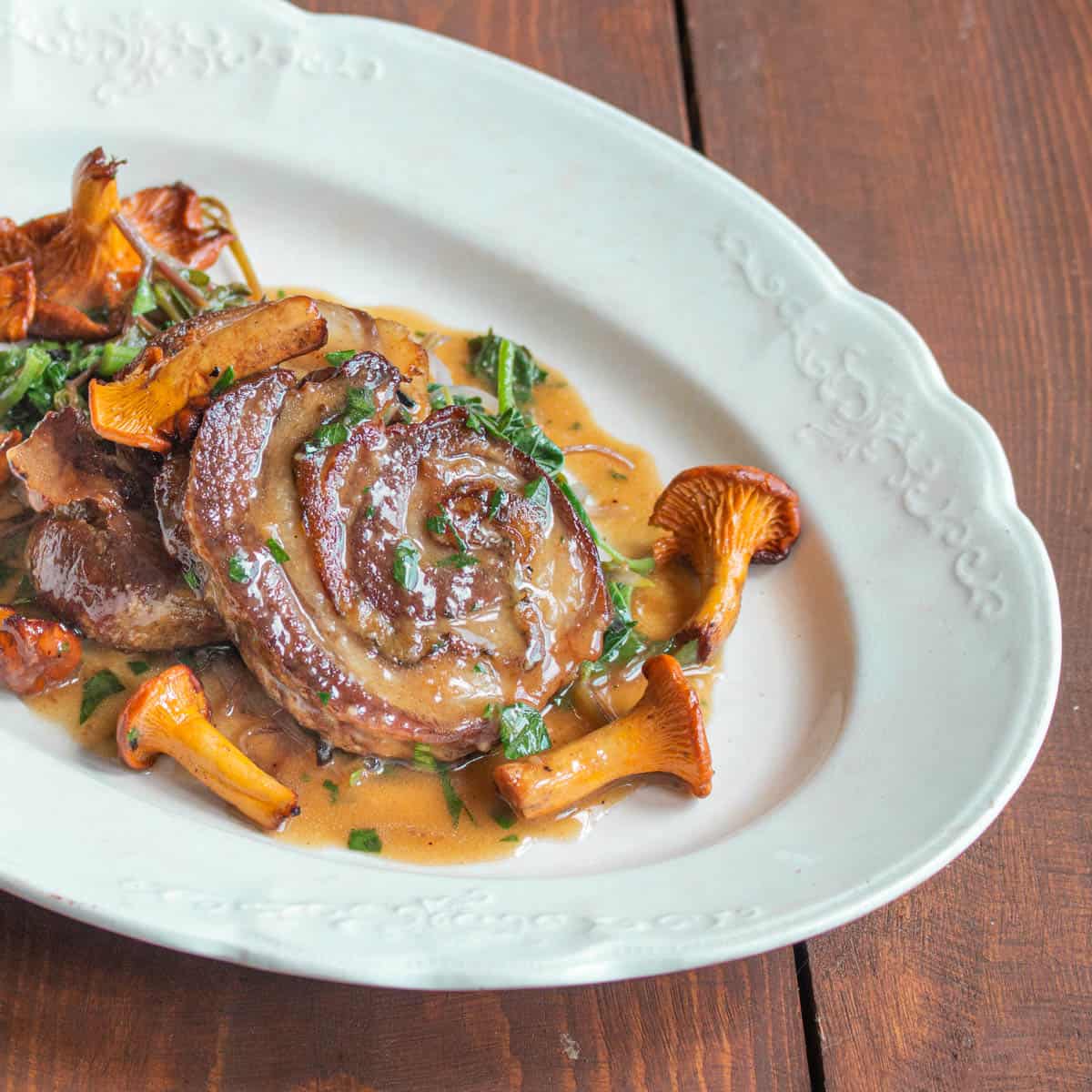 sliced lamb on a plate with sauce and mushrooms