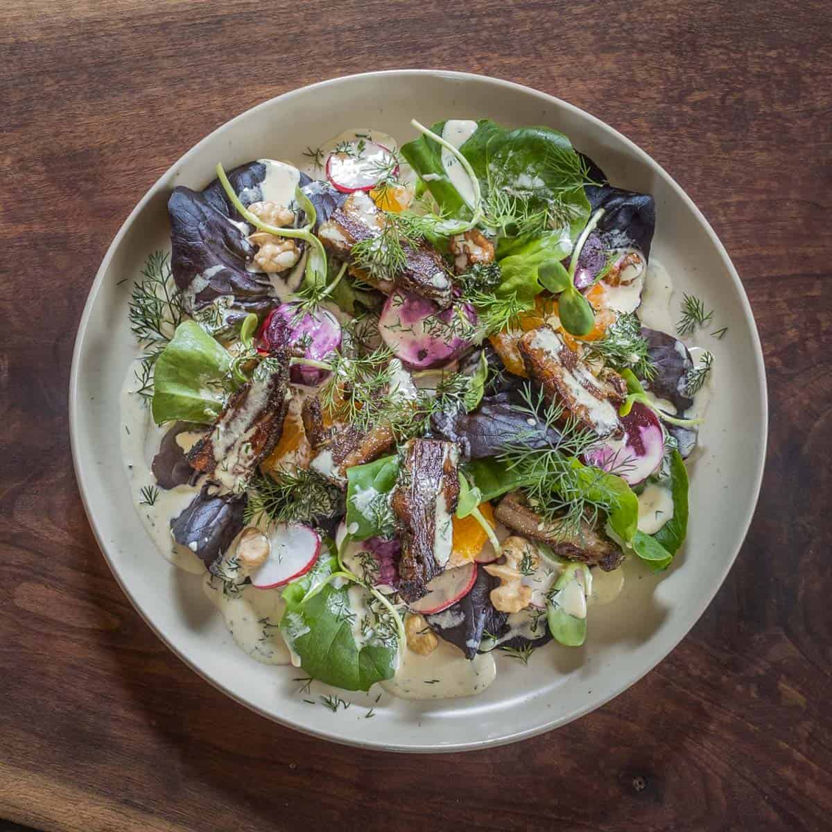 Fried lamb breast salad 