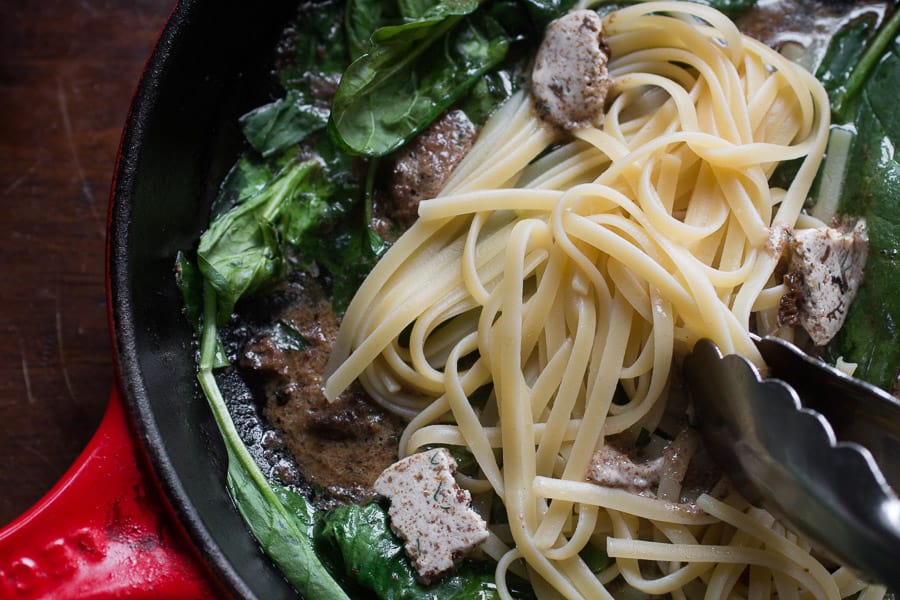 Linguine with dried morel mushroom butter and spinach